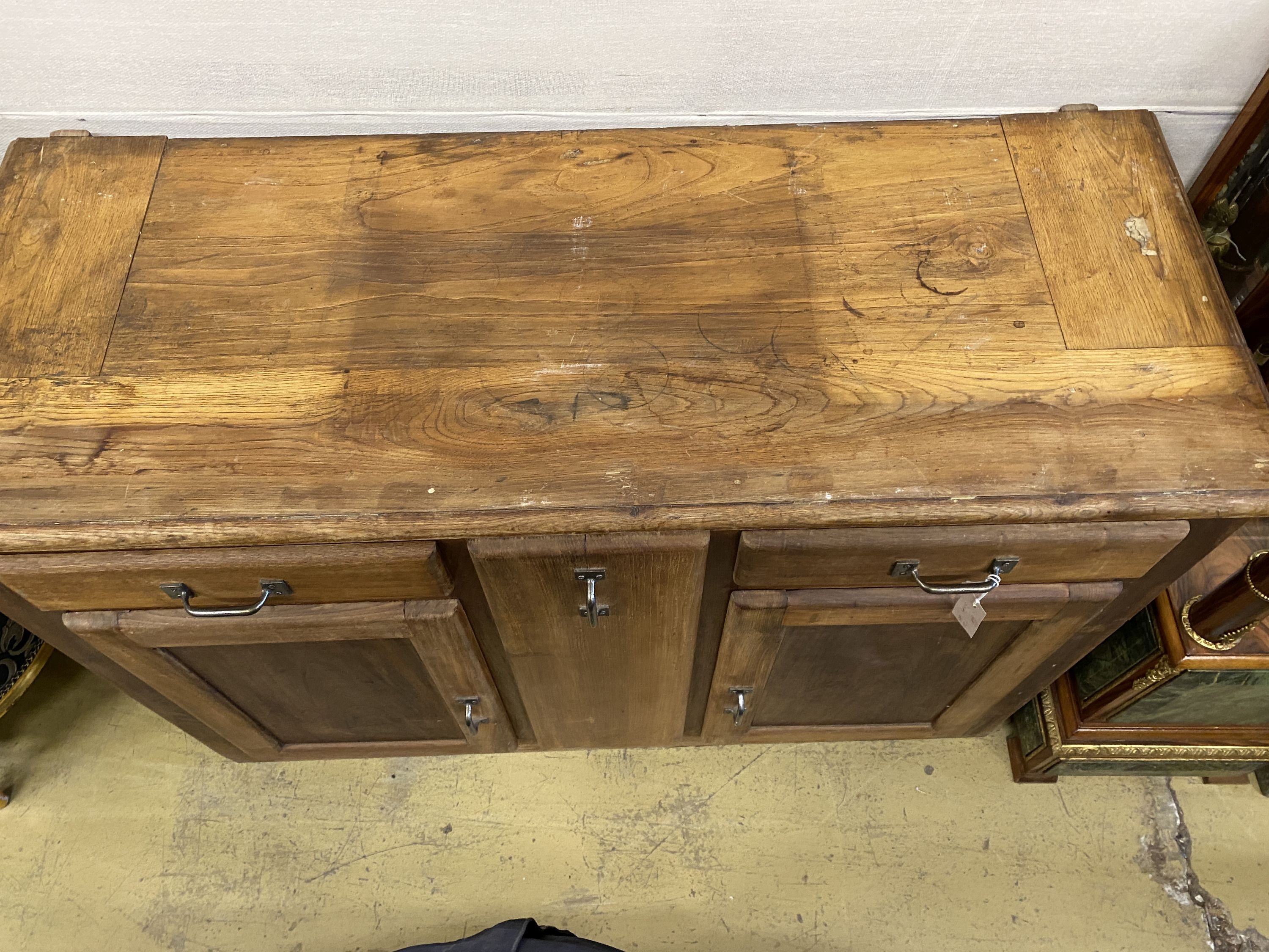 An early 20th century French bread cabinet, width 133cm, depth 51cm, height 90cm